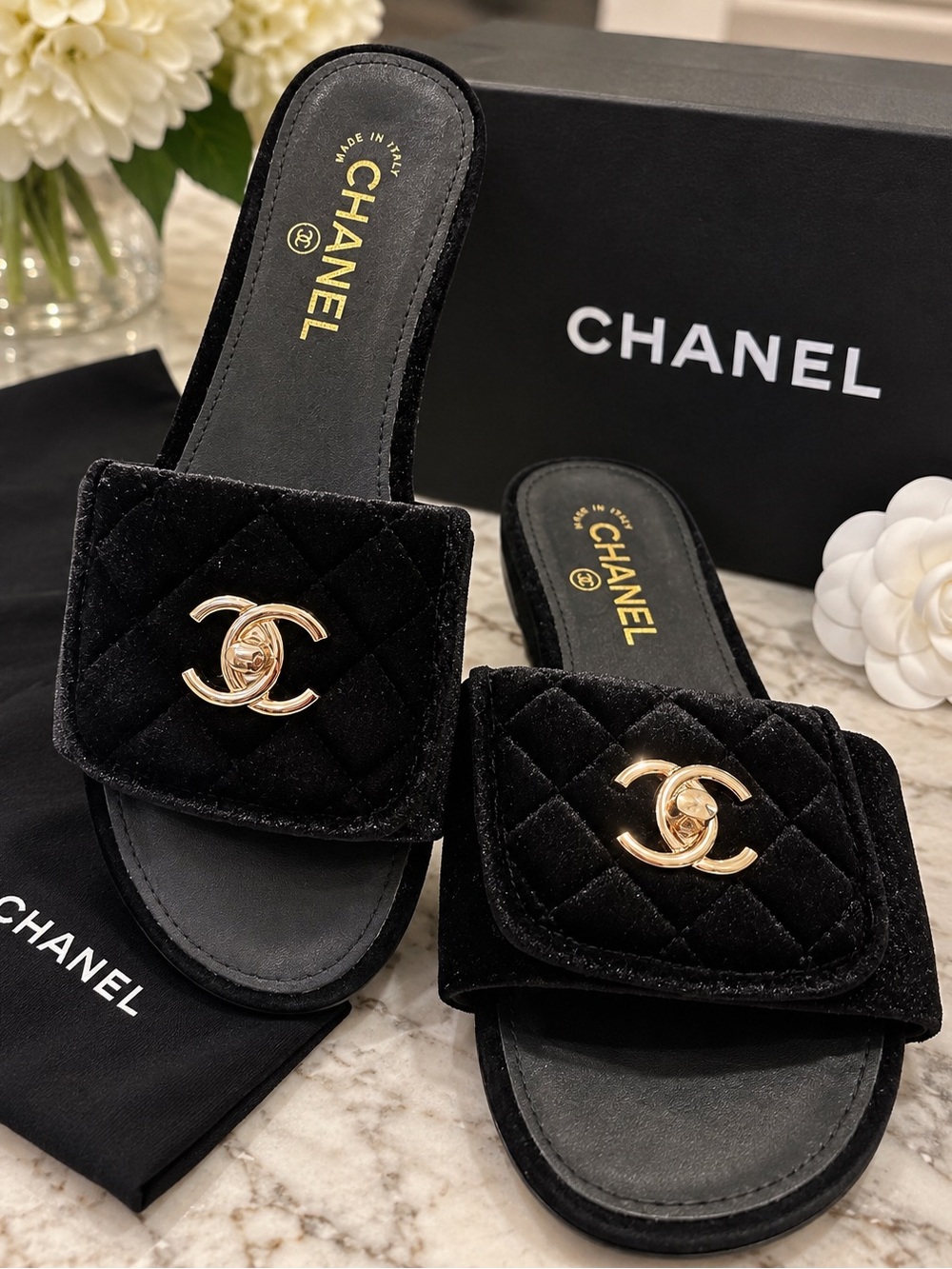 CHANEL Black Quilted Velvet Slide Mules with Gold CC Emblem